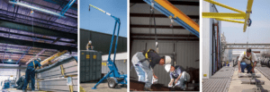 Carousel of 4 fall protection images; First, a man with hard hat and harness hooked to ceiling beam for safety, Second, a worker with hard hat strapped into a harness crouched on top of a shipping container, thirdly, two men with hard hats, safety glasses, and harnesses working on a beam, and lastly a man working in a harness outside