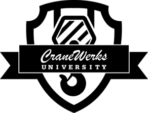 Black CraneWerks University logo with hoist, shield, and ribbon